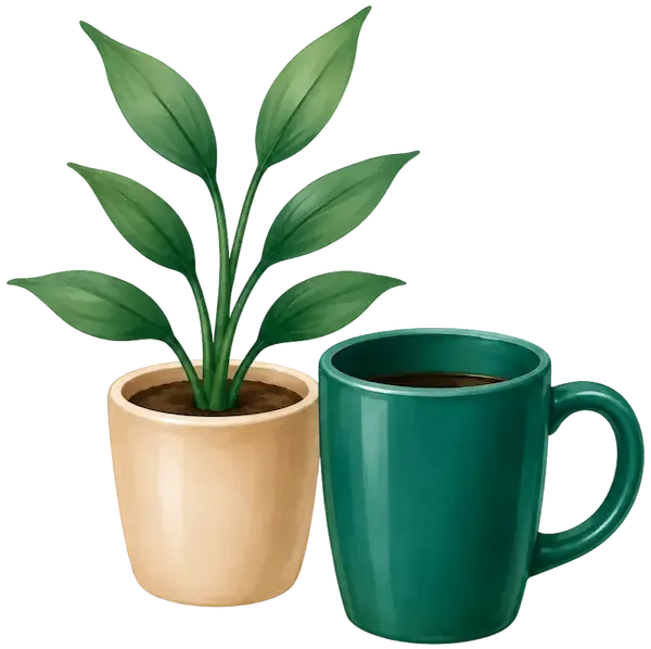 Plante et tasse vertes posées près d’un espace de travail.