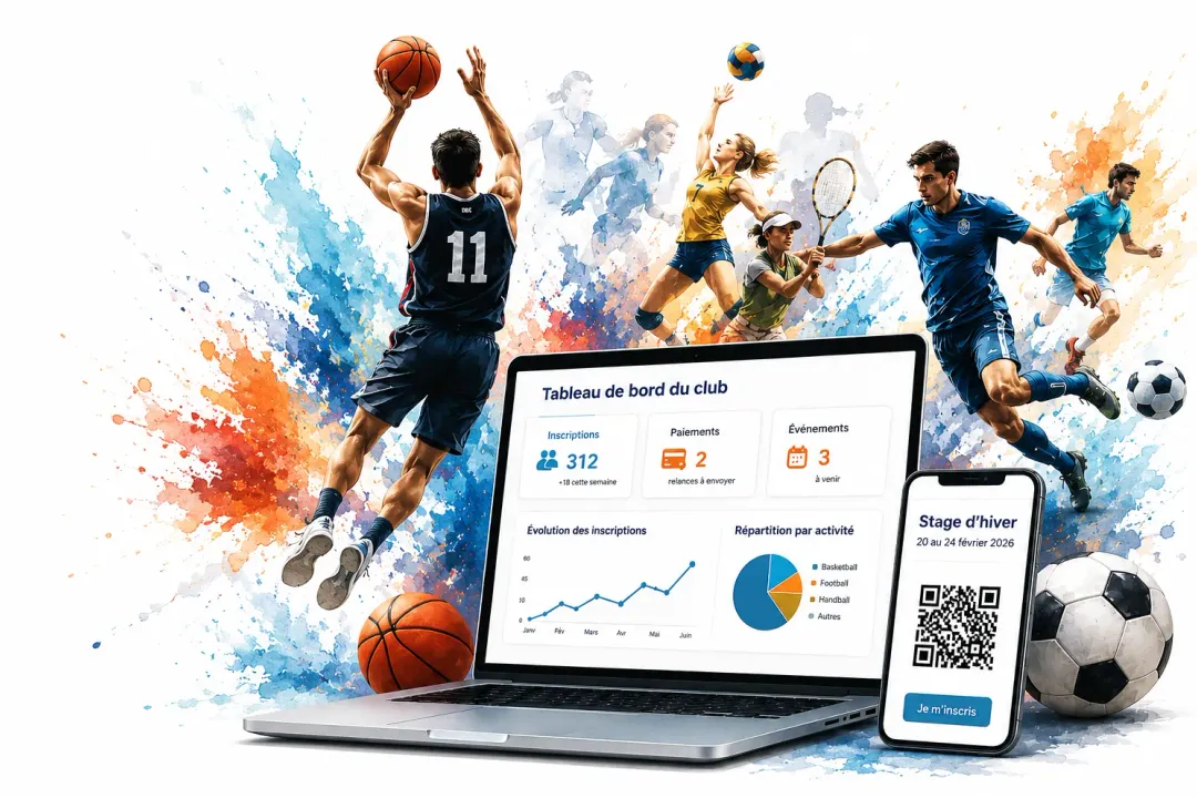 Illustration de sportifs et d’outils numériques pour la gestion d’un club multisport