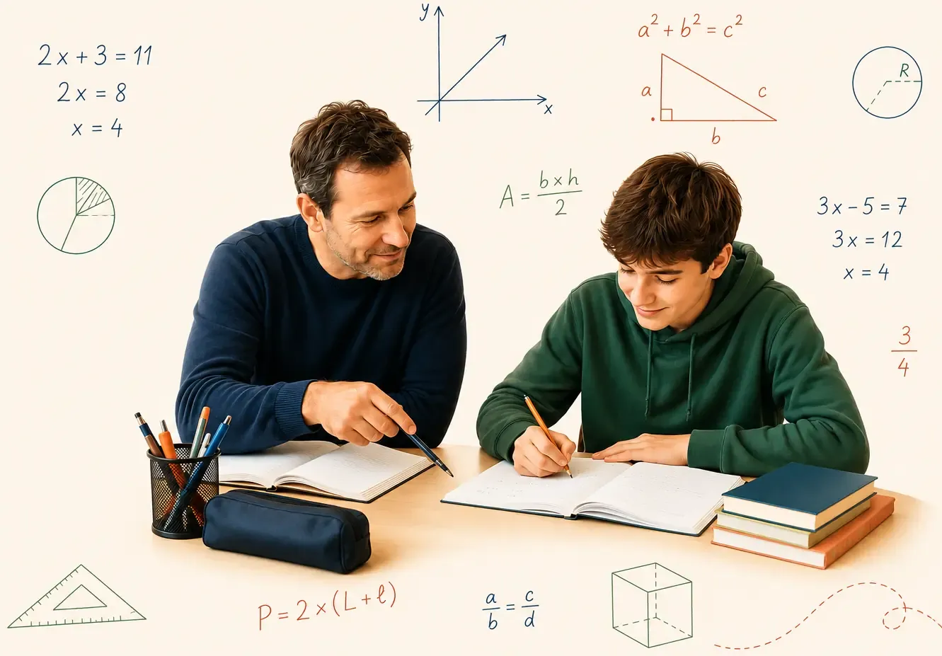 Un collégien accompagné pendant un exercice de mathématiques