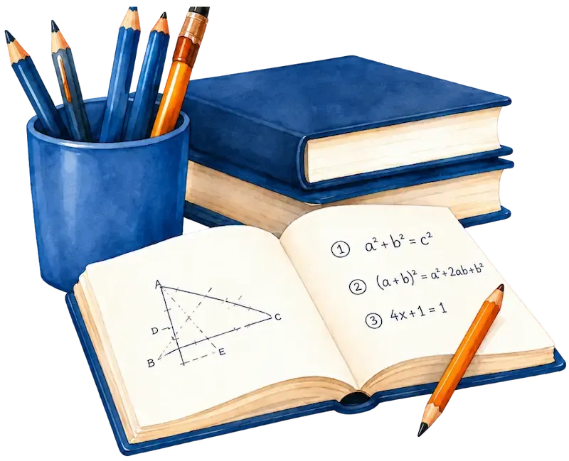 Cahier de maths ouvert avec crayons et livres bleus.